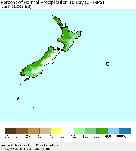 New Zealand Percent of Normal Precipitation 10-Day (CHIRPS) Thematic Map For 6/6/2022 - 6/15/2022