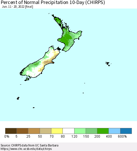 New Zealand Percent of Normal Precipitation 10-Day (CHIRPS) Thematic Map For 6/11/2022 - 6/20/2022