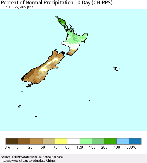 New Zealand Percent of Normal Precipitation 10-Day (CHIRPS) Thematic Map For 6/16/2022 - 6/25/2022