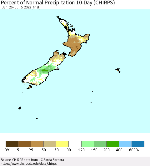New Zealand Percent of Normal Precipitation 10-Day (CHIRPS) Thematic Map For 6/26/2022 - 7/5/2022