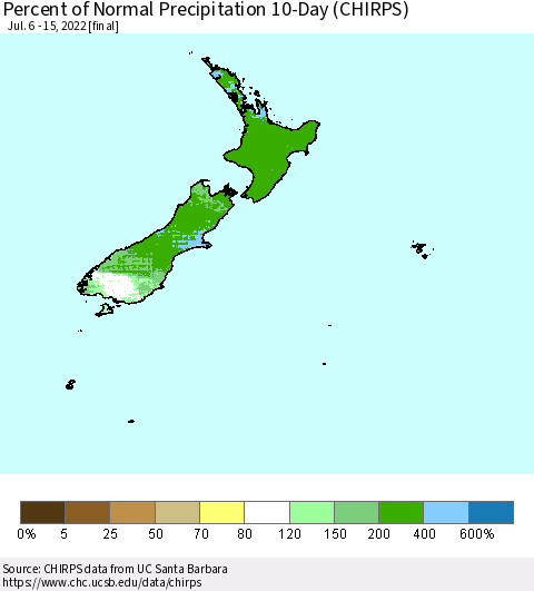 New Zealand Percent of Normal Precipitation 10-Day (CHIRPS) Thematic Map For 7/6/2022 - 7/15/2022