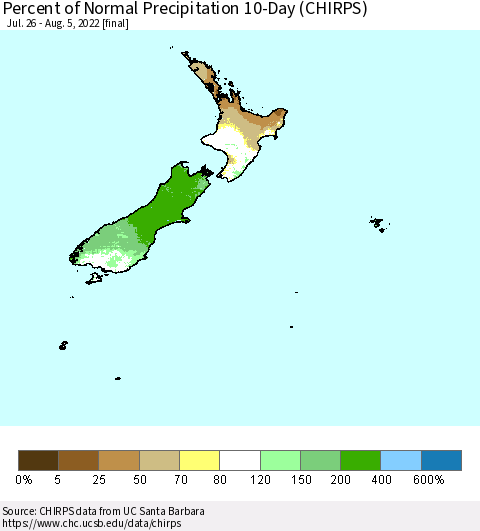 New Zealand Percent of Normal Precipitation 10-Day (CHIRPS) Thematic Map For 7/26/2022 - 8/5/2022