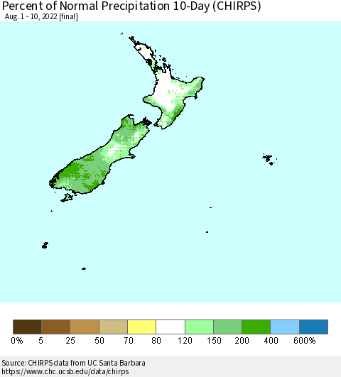 New Zealand Percent of Normal Precipitation 10-Day (CHIRPS) Thematic Map For 8/1/2022 - 8/10/2022