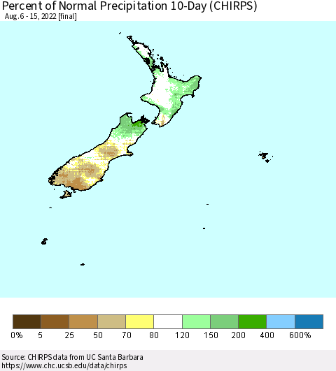 New Zealand Percent of Normal Precipitation 10-Day (CHIRPS) Thematic Map For 8/6/2022 - 8/15/2022