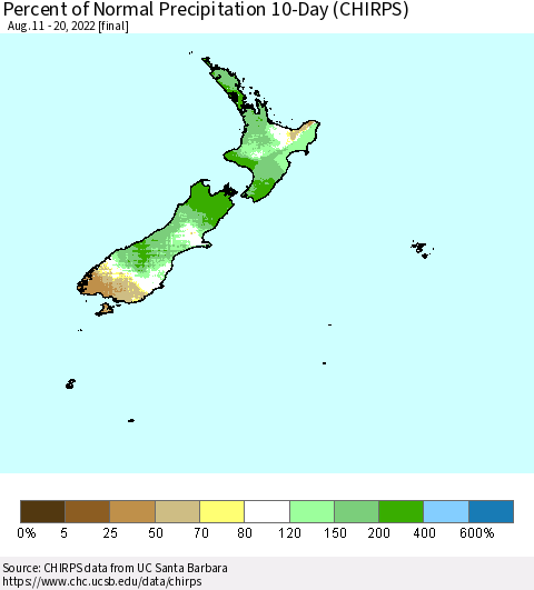 New Zealand Percent of Normal Precipitation 10-Day (CHIRPS) Thematic Map For 8/11/2022 - 8/20/2022