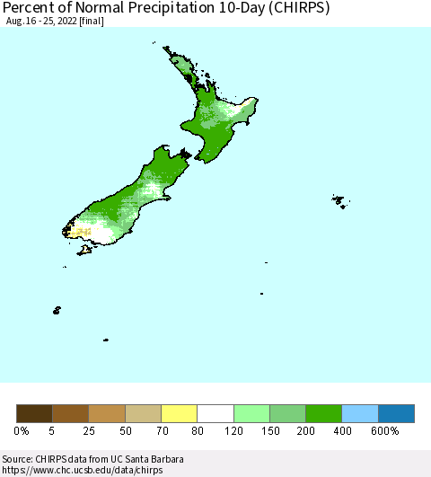 New Zealand Percent of Normal Precipitation 10-Day (CHIRPS) Thematic Map For 8/16/2022 - 8/25/2022