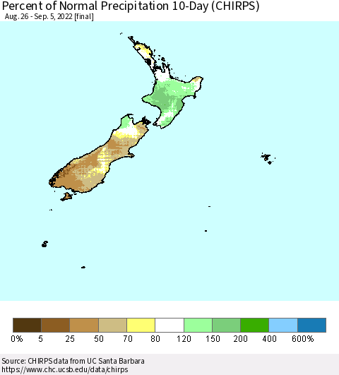 New Zealand Percent of Normal Precipitation 10-Day (CHIRPS) Thematic Map For 8/26/2022 - 9/5/2022