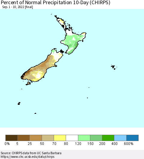 New Zealand Percent of Normal Precipitation 10-Day (CHIRPS) Thematic Map For 9/1/2022 - 9/10/2022