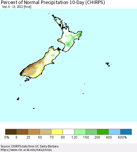 New Zealand Percent of Normal Precipitation 10-Day (CHIRPS) Thematic Map For 9/6/2022 - 9/15/2022