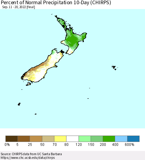 New Zealand Percent of Normal Precipitation 10-Day (CHIRPS) Thematic Map For 9/11/2022 - 9/20/2022