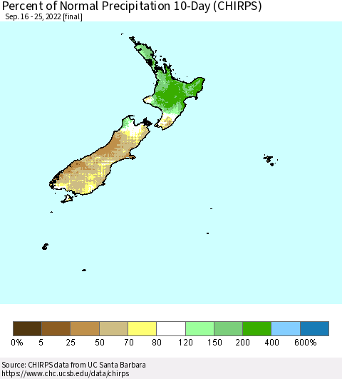 New Zealand Percent of Normal Precipitation 10-Day (CHIRPS) Thematic Map For 9/16/2022 - 9/25/2022