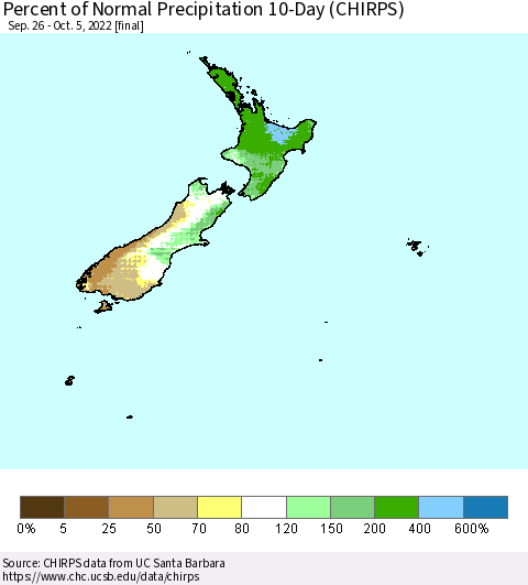 New Zealand Percent of Normal Precipitation 10-Day (CHIRPS) Thematic Map For 9/26/2022 - 10/5/2022