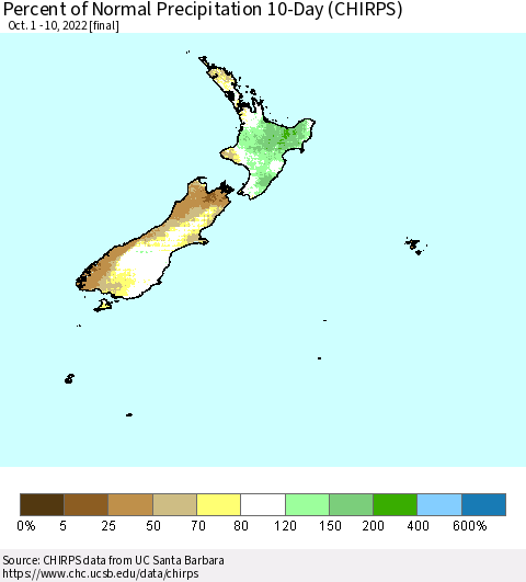 New Zealand Percent of Normal Precipitation 10-Day (CHIRPS) Thematic Map For 10/1/2022 - 10/10/2022