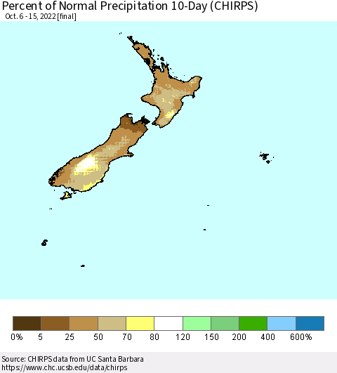 New Zealand Percent of Normal Precipitation 10-Day (CHIRPS) Thematic Map For 10/6/2022 - 10/15/2022