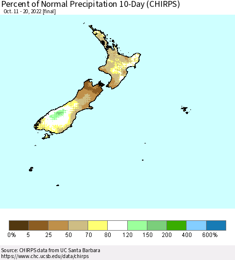 New Zealand Percent of Normal Precipitation 10-Day (CHIRPS) Thematic Map For 10/11/2022 - 10/20/2022