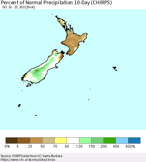 New Zealand Percent of Normal Precipitation 10-Day (CHIRPS) Thematic Map For 10/16/2022 - 10/25/2022