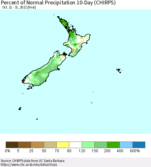 New Zealand Percent of Normal Precipitation 10-Day (CHIRPS) Thematic Map For 10/21/2022 - 10/31/2022