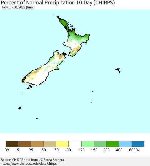New Zealand Percent of Normal Precipitation 10-Day (CHIRPS) Thematic Map For 11/1/2022 - 11/10/2022