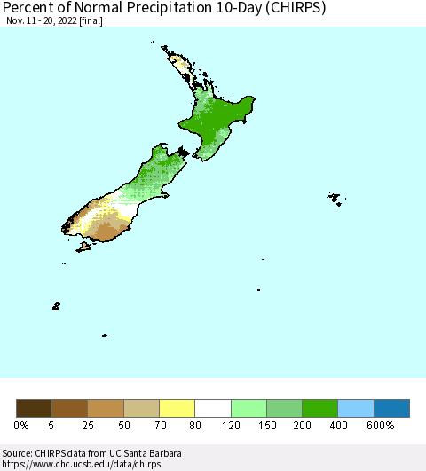 New Zealand Percent of Normal Precipitation 10-Day (CHIRPS) Thematic Map For 11/11/2022 - 11/20/2022
