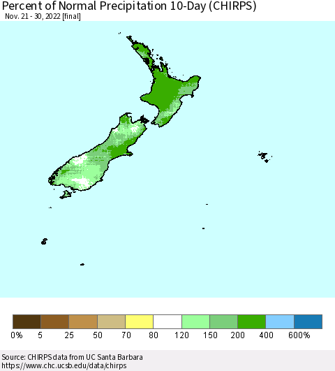 New Zealand Percent of Normal Precipitation 10-Day (CHIRPS) Thematic Map For 11/21/2022 - 11/30/2022