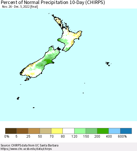 New Zealand Percent of Normal Precipitation 10-Day (CHIRPS) Thematic Map For 11/26/2022 - 12/5/2022