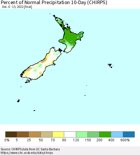 New Zealand Percent of Normal Precipitation 10-Day (CHIRPS) Thematic Map For 12/6/2022 - 12/15/2022
