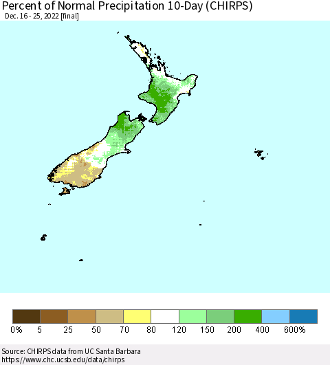 New Zealand Percent of Normal Precipitation 10-Day (CHIRPS) Thematic Map For 12/16/2022 - 12/25/2022