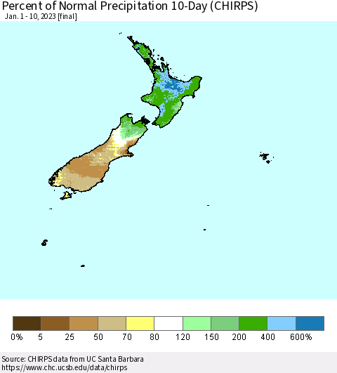 New Zealand Percent of Normal Precipitation 10-Day (CHIRPS) Thematic Map For 1/1/2023 - 1/10/2023