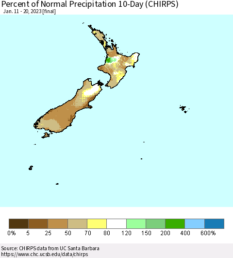 New Zealand Percent of Normal Precipitation 10-Day (CHIRPS) Thematic Map For 1/11/2023 - 1/20/2023