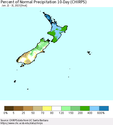New Zealand Percent of Normal Precipitation 10-Day (CHIRPS) Thematic Map For 1/21/2023 - 1/31/2023