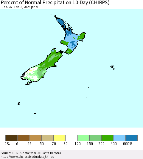 New Zealand Percent of Normal Precipitation 10-Day (CHIRPS) Thematic Map For 1/26/2023 - 2/5/2023