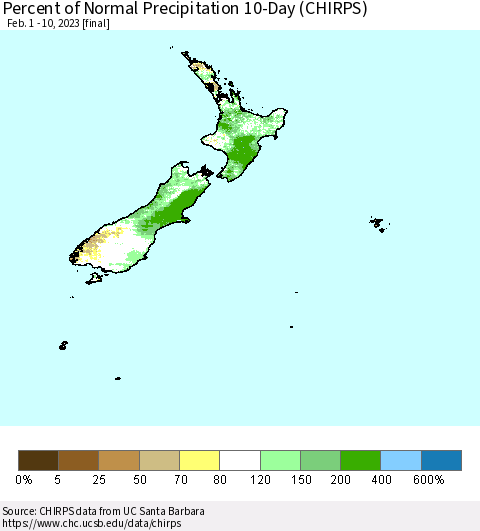 New Zealand Percent of Normal Precipitation 10-Day (CHIRPS) Thematic Map For 2/1/2023 - 2/10/2023