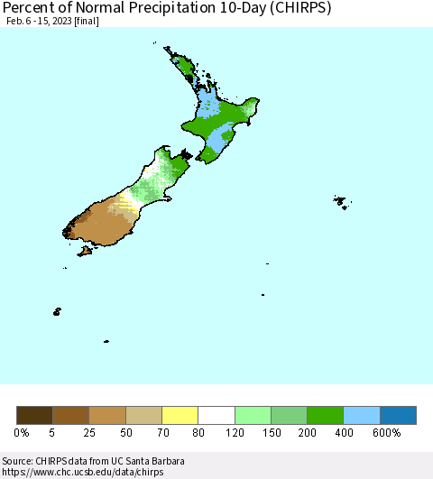 New Zealand Percent of Normal Precipitation 10-Day (CHIRPS) Thematic Map For 2/6/2023 - 2/15/2023