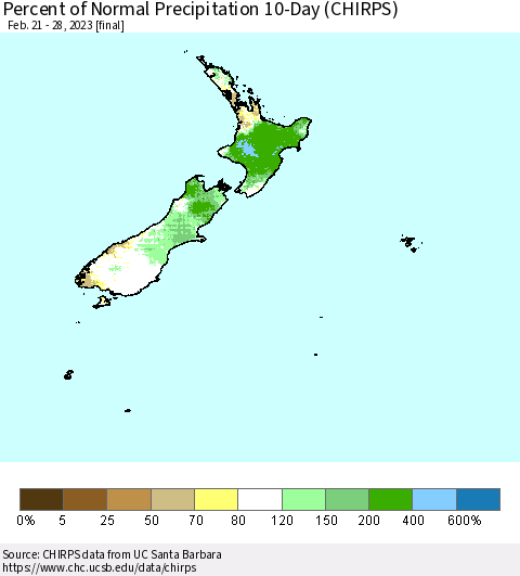 New Zealand Percent of Normal Precipitation 10-Day (CHIRPS) Thematic Map For 2/21/2023 - 2/28/2023