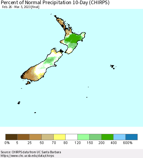 New Zealand Percent of Normal Precipitation 10-Day (CHIRPS) Thematic Map For 2/26/2023 - 3/5/2023