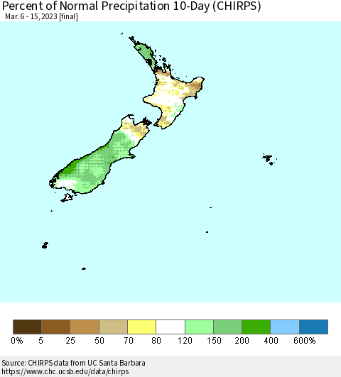 New Zealand Percent of Normal Precipitation 10-Day (CHIRPS) Thematic Map For 3/6/2023 - 3/15/2023