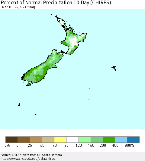 New Zealand Percent of Normal Precipitation 10-Day (CHIRPS) Thematic Map For 3/16/2023 - 3/25/2023