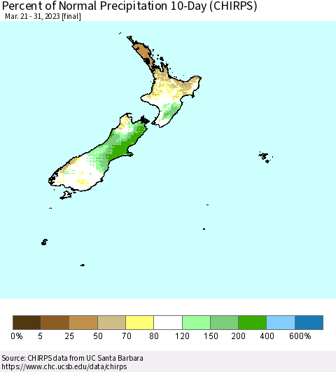 New Zealand Percent of Normal Precipitation 10-Day (CHIRPS) Thematic Map For 3/21/2023 - 3/31/2023