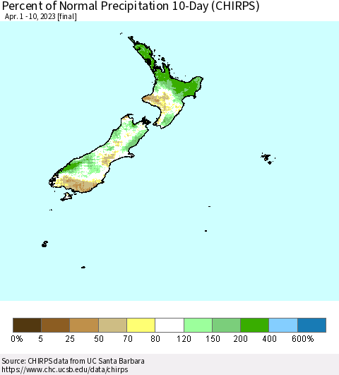 New Zealand Percent of Normal Precipitation 10-Day (CHIRPS) Thematic Map For 4/1/2023 - 4/10/2023