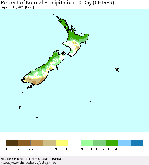 New Zealand Percent of Normal Precipitation 10-Day (CHIRPS) Thematic Map For 4/6/2023 - 4/15/2023