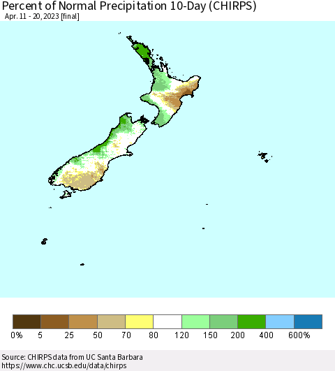 New Zealand Percent of Normal Precipitation 10-Day (CHIRPS) Thematic Map For 4/11/2023 - 4/20/2023