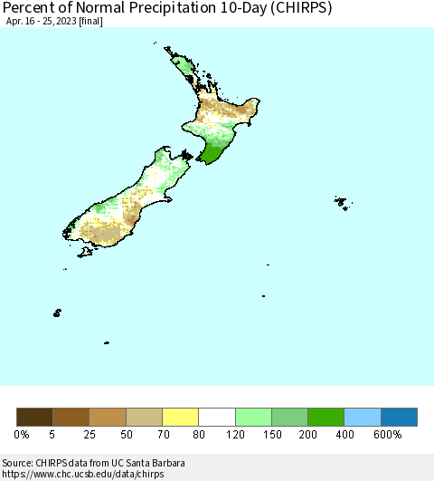New Zealand Percent of Normal Precipitation 10-Day (CHIRPS) Thematic Map For 4/16/2023 - 4/25/2023