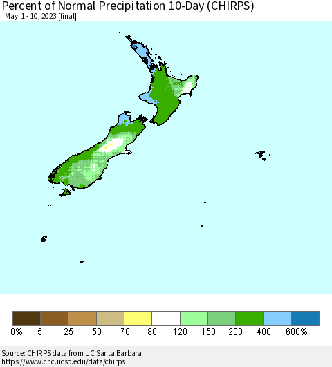 New Zealand Percent of Normal Precipitation 10-Day (CHIRPS) Thematic Map For 5/1/2023 - 5/10/2023