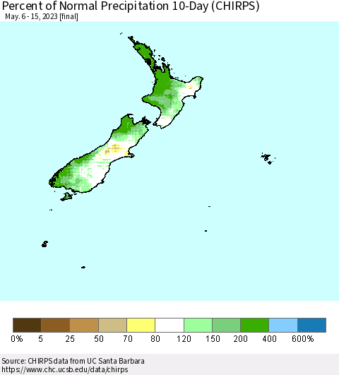 New Zealand Percent of Normal Precipitation 10-Day (CHIRPS) Thematic Map For 5/6/2023 - 5/15/2023