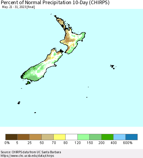 New Zealand Percent of Normal Precipitation 10-Day (CHIRPS) Thematic Map For 5/21/2023 - 5/31/2023