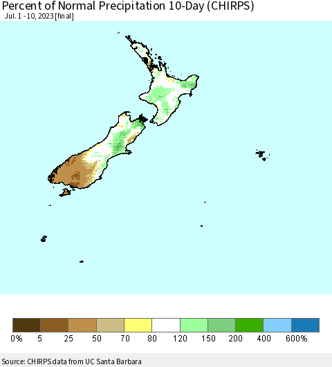 New Zealand Percent of Normal Precipitation 10-Day (CHIRPS) Thematic Map For 7/1/2023 - 7/10/2023