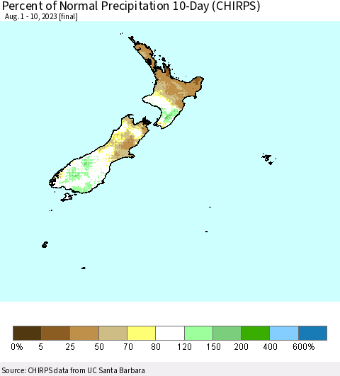 New Zealand Percent of Normal Precipitation 10-Day (CHIRPS) Thematic Map For 8/1/2023 - 8/10/2023
