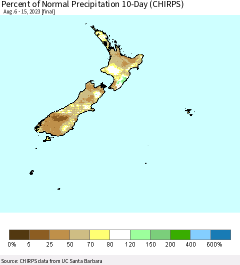 New Zealand Percent of Normal Precipitation 10-Day (CHIRPS) Thematic Map For 8/6/2023 - 8/15/2023