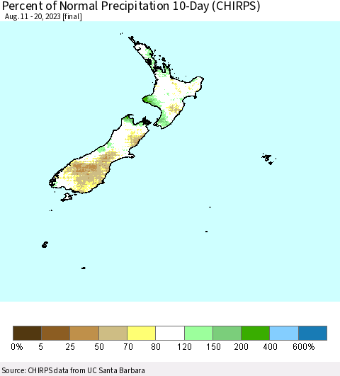 New Zealand Percent of Normal Precipitation 10-Day (CHIRPS) Thematic Map For 8/11/2023 - 8/20/2023