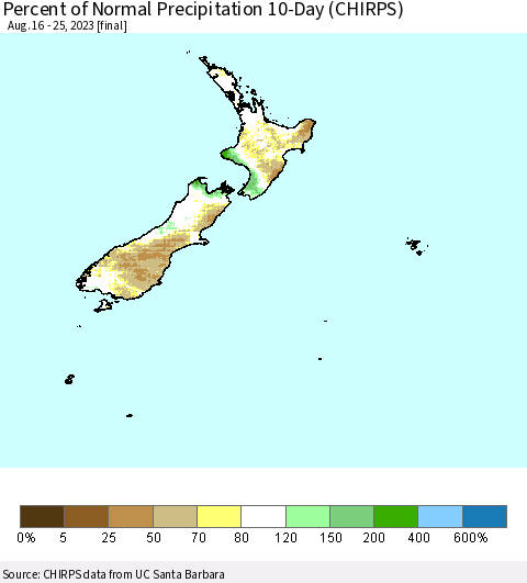 New Zealand Percent of Normal Precipitation 10-Day (CHIRPS) Thematic Map For 8/16/2023 - 8/25/2023